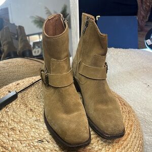 FRYE Tan Suede Ankle Boots with Buckle